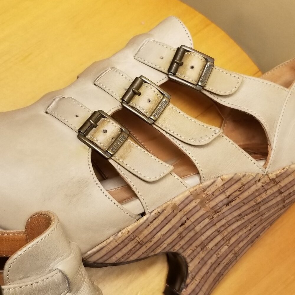 FLUEVOG Gray Farrah Sz 9.5 Adjustable Triple Strap Leather/Cork Wedge '70s Style - Picture 15 of 16